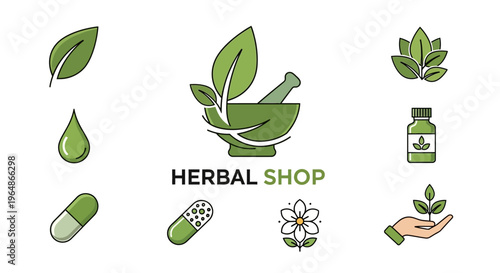 Herbal medicine icons set for natural health shop featuring mortar pestle leaves and organic supplements