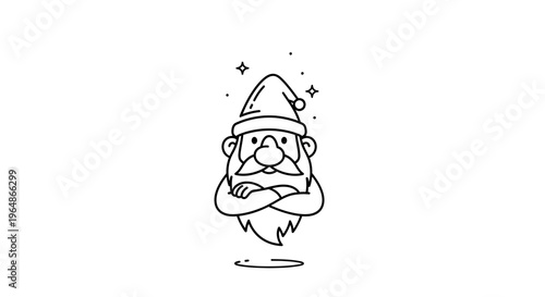 Whimsical bearded figure illustration featuring a festive hat and crossed arms minimal design
