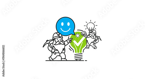 Whimsical cartoon miners successfully digging up brilliant ideas and achieving positive innovation