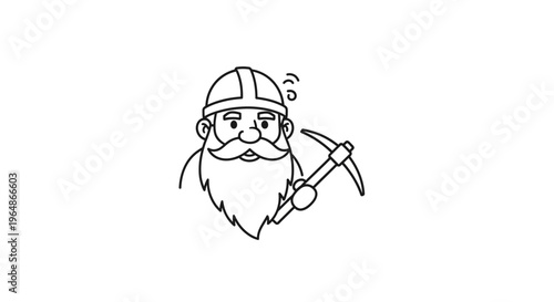 Outline icon of a bearded working man wearing a helmet and holding a trusty pickaxe