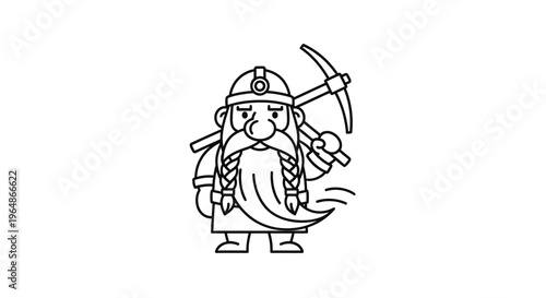 Charming Line Art Illustration of a Diligent Fantasy Miner Dwarf with Pickaxe and Helmet