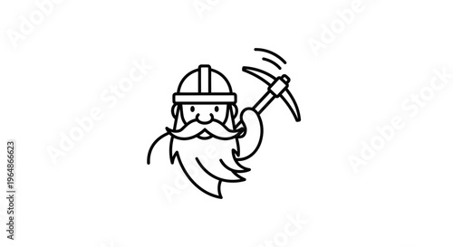Smiling bearded worker with pickaxe, wearing a protective helmet, ready for industrious tasks