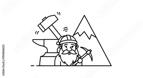 Charming line art illustration depicting a diligent bearded mountain miner with his pickaxe,