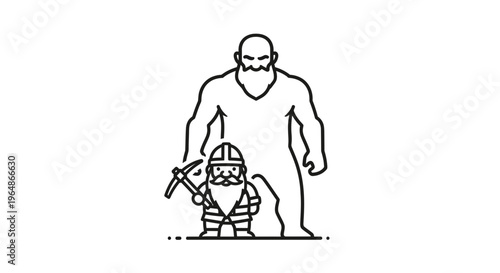 Stylized outline illustration of a bearded dwarf miner with a pickaxe accompanied by a towering