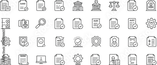 Legal documents and certification line icon set with contracts, law, approval, audit, compliance, certificates and official paperwork symbols