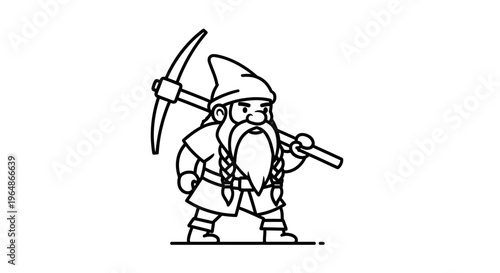 Vigorous bearded fantasy miner character illustration holding pickaxe on shoulder prepared for