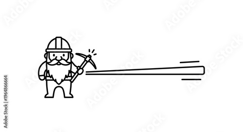 Stylized line art of a bearded gnome miner striking gold with his trusty pickaxe