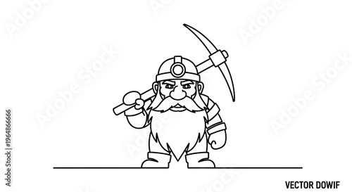 Continuous line art illustration of a strong bearded dwarf miner holding a pickaxe