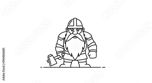 Robust Fantasy Dwarf Warrior Illustration with Hammer and Helmet in Simple Line Art Style