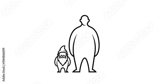 Minimalist outline illustration showing stark size comparison between a small gnome and a large
