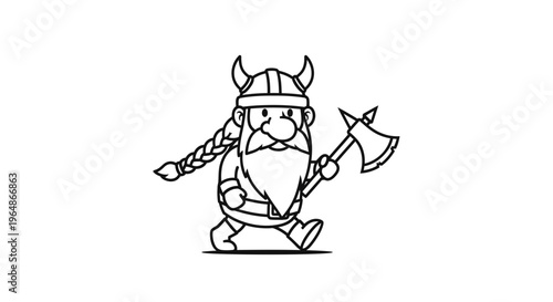 Whimsical cartoon dwarf warrior with horned helmet and braided hair carrying an axe illustration