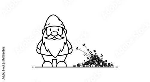 Whimsical line art illustration of a cheerful garden gnome observing a vibrant explosion of tiny