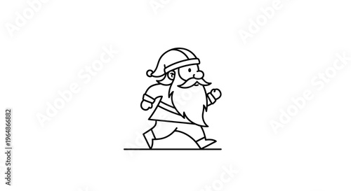 Energetic cartoon character with festive hat and long beard running in minimalist style artwork