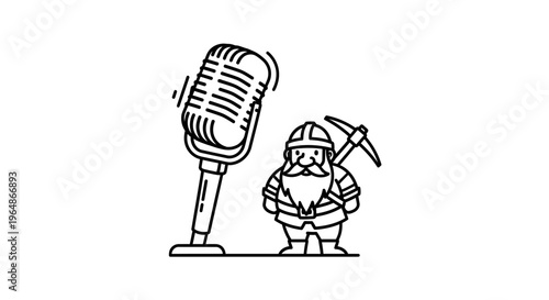Minimalist vector illustration of a fantasy dwarf with pickaxe next to an old-fashioned microphone