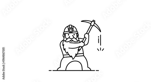 Stout bearded miner illustration with pickaxe mining hardhat headlamp diligent worker