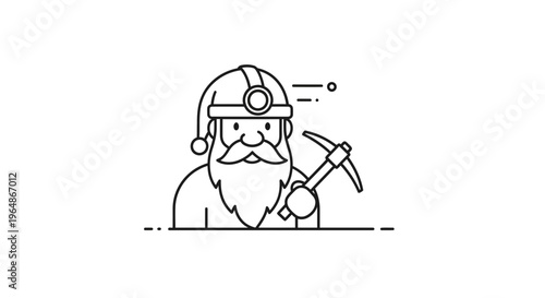 Jovial bearded miner character wearing a festive santa hat and headlamp holding a pickaxe outline