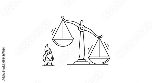 A whimsical garden gnome observes an imbalanced weighing scale, representing fairness and judgment