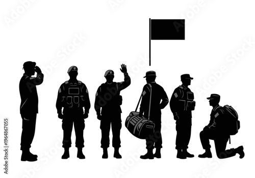 Military Soldier Silhouettes Set - Army Personnel in Various Poses for Veterans Day, Memorial Day, and Patriotic Design