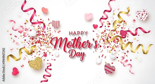 Happy Mother's Day Celebration with Hearts and Confetti
