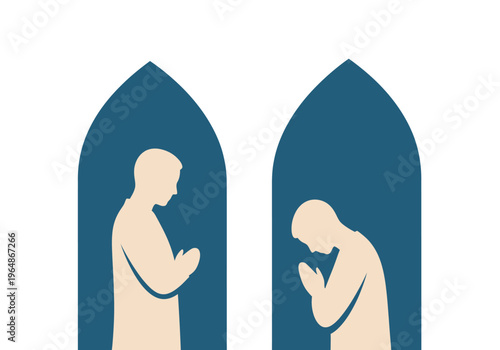 Minimalist Illustration of Two People Praying in Arched Windows, Spiritual Concept for Faith and Devotion