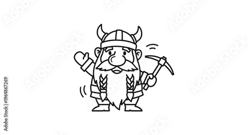 Charming cartoon miner character with pickaxe and horned helmet, ready for subterranean adventures