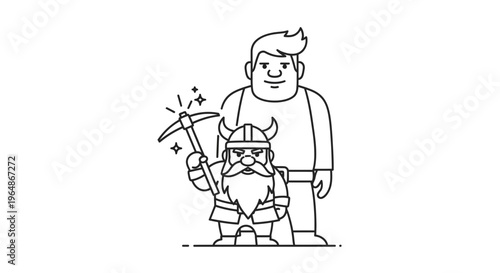 Fantasy mining duo with dwarf holding a sparkling pickaxe and a friendly companion standing tall