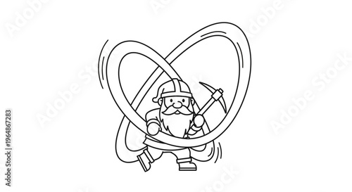 Energetic cartoon miner character with a long beard, helmet, and pickaxe, embodying diligent work