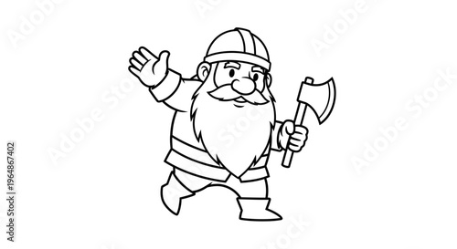Friendly bearded lumberjack character waving with an axe in hand, a playful line art illustration