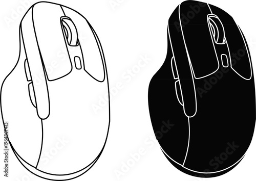 Vertical mouse ergonomic design. Black and white outline vector set