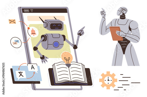 Artificial intelligence, machine learning, automation, robotics, digital communication, technology education. Robot interacting with books, language translation and gears. Machine learning