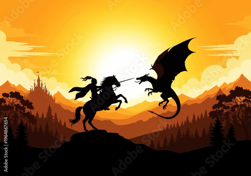 Epic Silhouette of Knight on Horseback Fighting a Dragon at Sunset Landscape with Castle and Mountains
