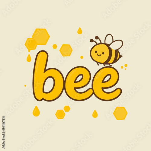 Cute bee illustration with honeycombs and drops of honey, a playful and sweet design perfect for branding or children's products