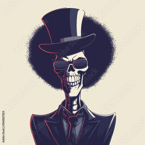 A stylized illustration of a skeleton wearing a top hat and sunglasses, radiating a cool and mysterious aura