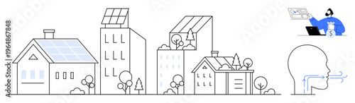 Renewable energy, smart technology, urban development, eco-friendly living, sustainable architecture, green energy solutions. Buildings with solar panels and a person with smart home controls