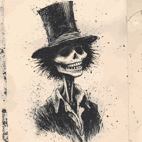 Creepy Skeleton Gentleman with Top Hat in Vintage Ink Sketch Style