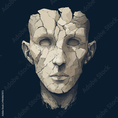 A cracked stone sculpture of a human head, showcasing fragmentation and decay with a somber, eerie mood