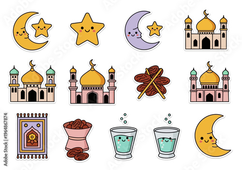 Cute Kawaii Ramadan Sticker Set - Islamic Icons including Mosque, Crescent Moon, Stars, Dates and Prayer Rug for Eid Mubarak and Ramadan Kareem Decoration