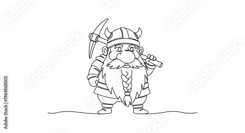 Minimalist one line drawing portraying a stout mythological gnome wearing a horned helm and
