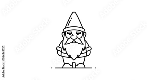 Charming line art illustration of a cheerful garden gnome with a pointy hat and long beard