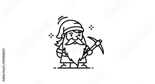 Minimalist line drawing of a charming gnome or dwarf character with a pickaxe, playful wink