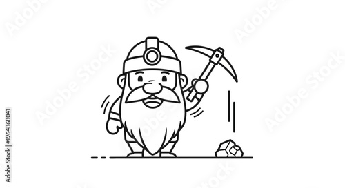 Charming illustration of a bearded miner character with a pickaxe and extracted gems, ready for