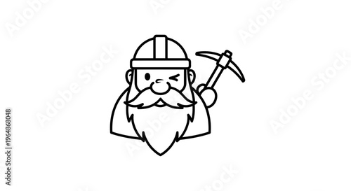 Charming bearded miner icon winking while holding a pickaxe representing discovery and hard work