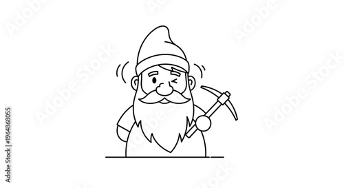 Playful cartoon character of a winking bearded gnome miner holding a pickaxe in simple line art