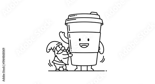 Charming bearded gnome with pointy hat affectionately hugging a happy animated coffee cup