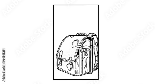 Classic Patched School Bag Line Art Drawing Illustrating Timeless Academic Journey Backpack Design
