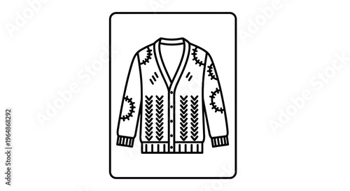 Stylish V-neck knitted cardigan with unique decorative patterns and elbow patches line art