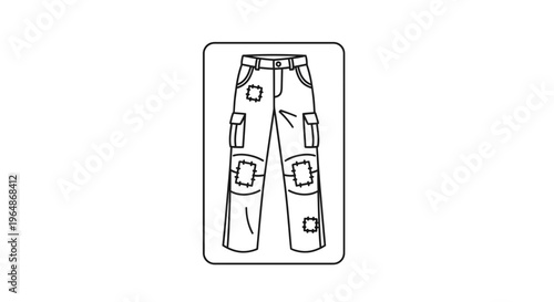 Outline drawing of rugged utility trousers featuring numerous repair patches for a distressed look