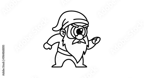 A determined cyclops gnome character illustration in clean black and white line art design, ready