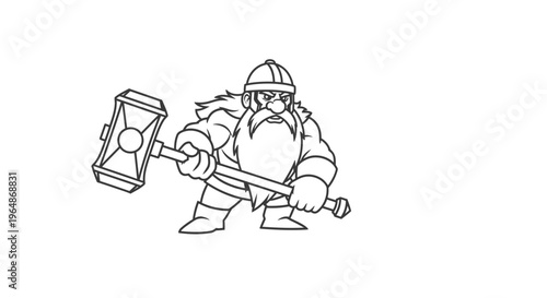 Mighty fantasy dwarf warrior character wielding a powerful hammer illustration outline