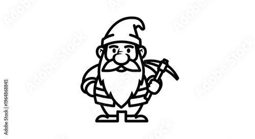Charming bearded cartoon dwarf with a pickaxe ready for mining adventures and treasure hunts